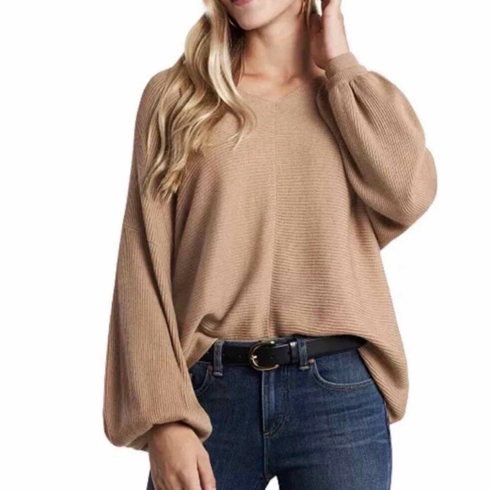 1. State Bishop Sleeve V-Neck Lightweight Sweater Cotton Viscose Brown Sz Small